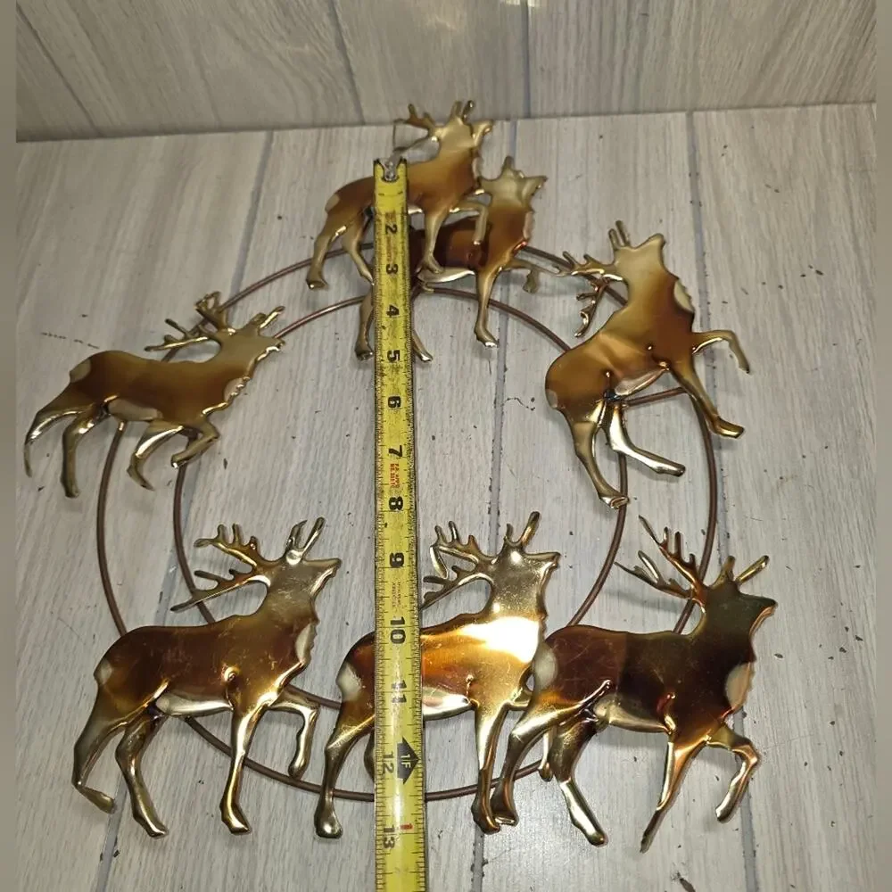 Vtg Brass Gold Reindeer/Elk Wreath Wall Decor Home Interior Hollywood Regency